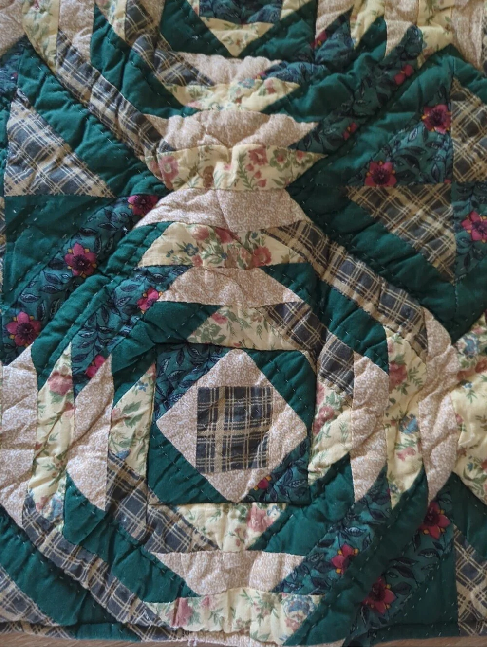 Vintage primitive Pineapple Log Cabin variation quilt block fragment Handmade